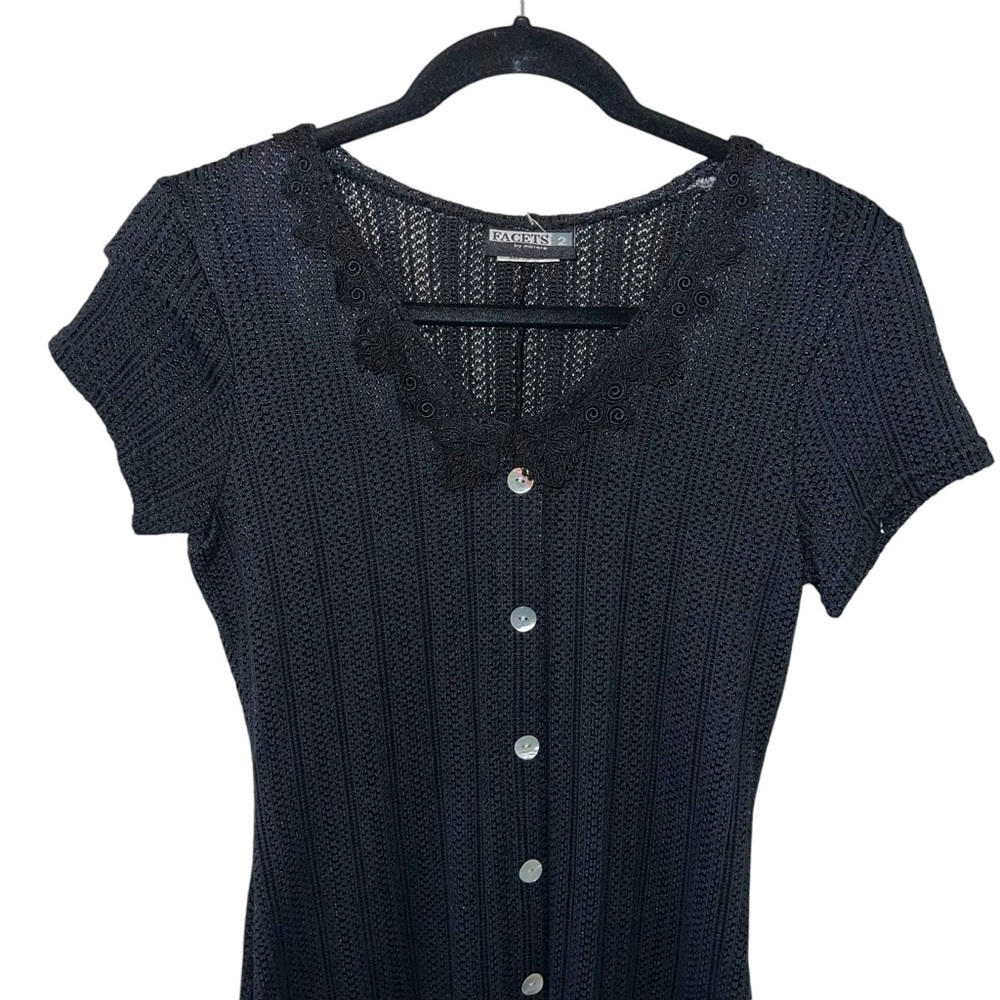 Vintage 90s Facets by mirrors black button down knit ribbed bodycon maxi dress - Picture 3 of 9